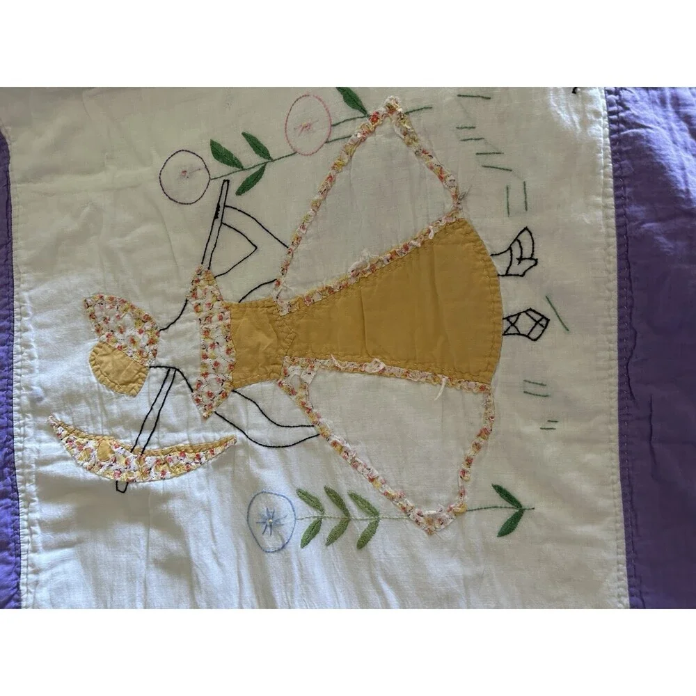 Vintage Handmade embroidered friendship quilt with Sun Bonnet Girls. 77” X 95”